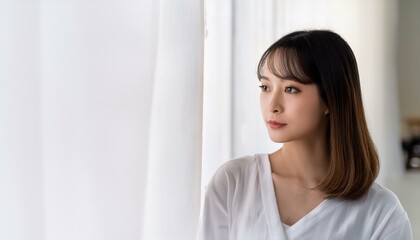 Naklejka premium 考え事をしている若いアジア人の女性。（A young Asian woman thinking.） 