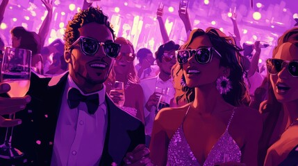 Illustration of a crazy party with many young people having a good time in a club. They celebrate, drink and dance. Elegantly dressed people on New Year's Eve. Generative AI.