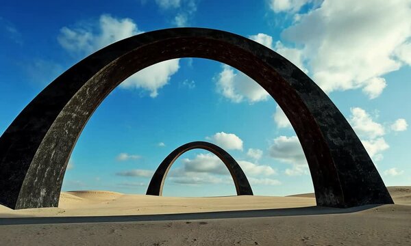 3D arches on the desert, clouds, sky background, simple shapes, minimalistic