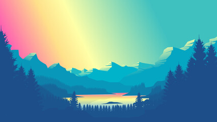Blue mountain landscape wallpaper in a minimalist flat design style. Minimalist beauty background for desktop and wallpaper
