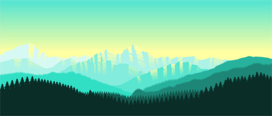 Green mountain landscape wallpaper in a minimalist flat design style. Minimalist beauty background for desktop and wallpaper