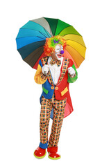 Obraz premium Happy clown with colorful umbrella on white background