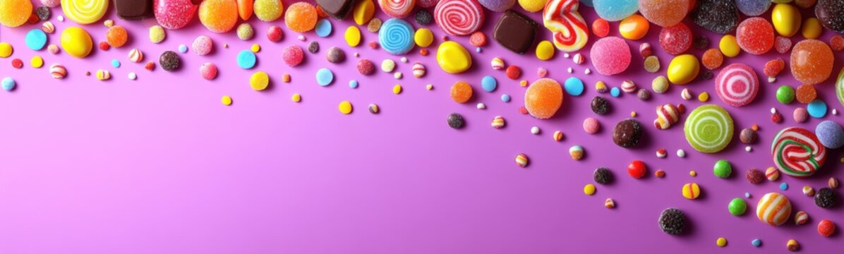 Many different colored candies and candys on a purple background