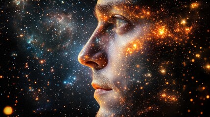 Portrait of a man on background of stars and universe, space theme in the retro futurism style of the 60s. Generative AI.