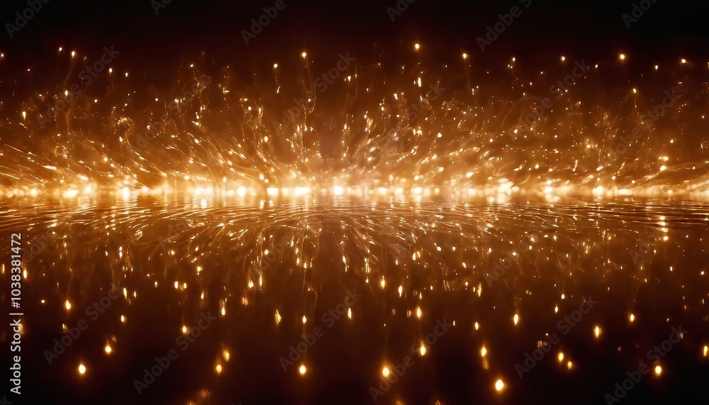 Poster sparkling close-up of golden lights creating dynamic waves and reflections on a dark surface