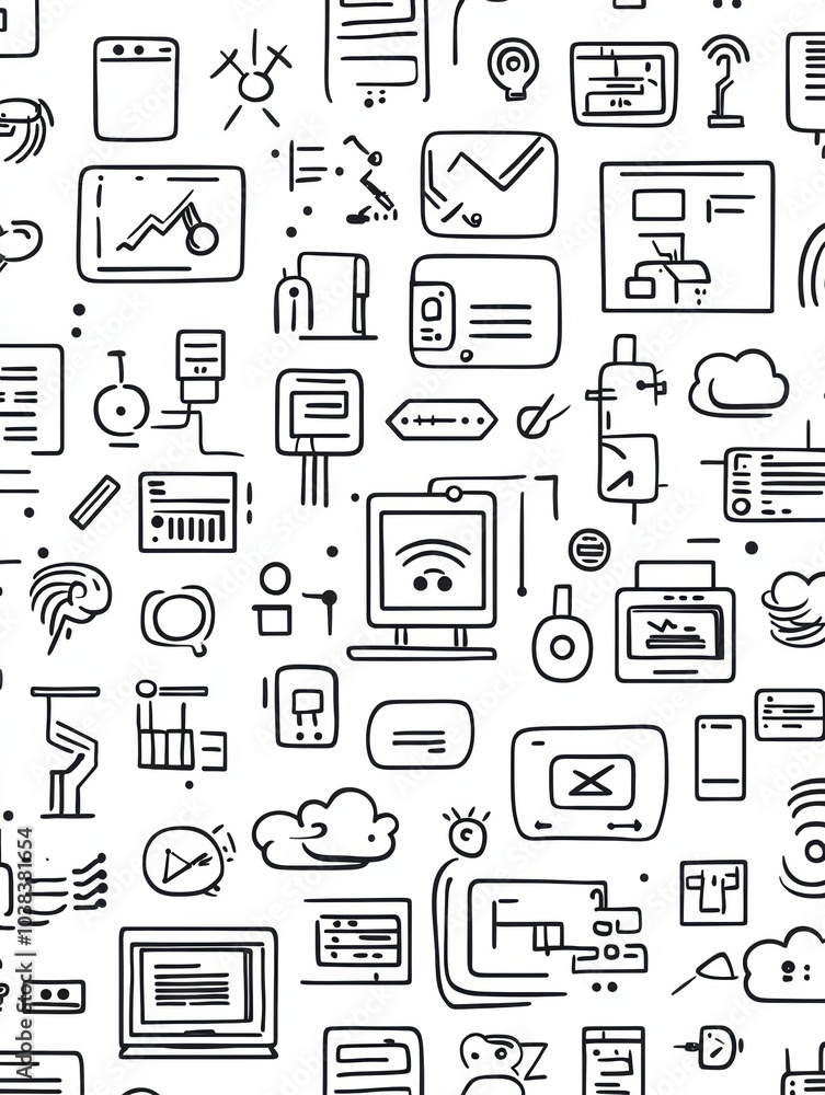 Leinwandbilder A collection of sketches featuring various technology items like computers, smartphones, and coding symbols arranged in a creative layout. Generative AI