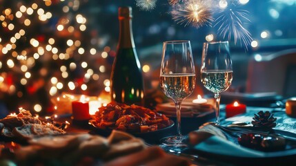 A romantic New Year's Eve dinner for two with champagne, candles, and fireworks in the background.