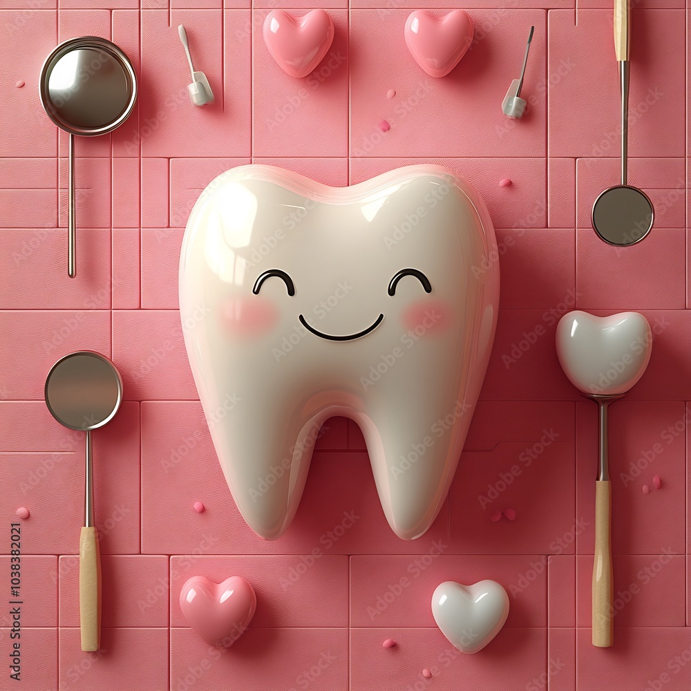Poster whimsical 3d illustration of a happy tooth with a big smile surrounded by an array of dental tools l