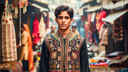 Obraz premium A young man in traditional embroidered attire stands confidently in a bustling marketplace, showcasing vibrant cultural fashion and intricate craftsmanship.