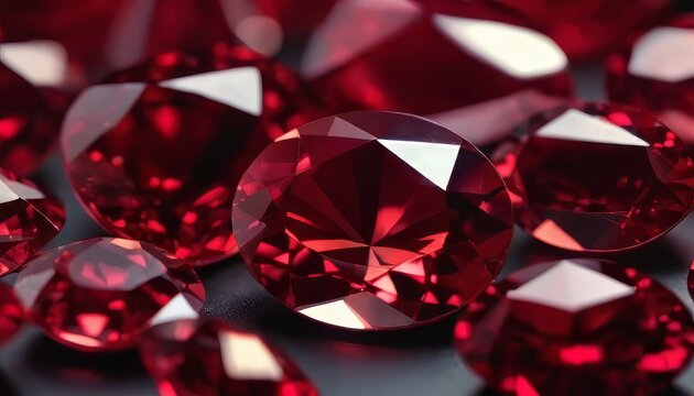 Beautiful close-up of sparkling red gemstones with intricate facets on a dark background