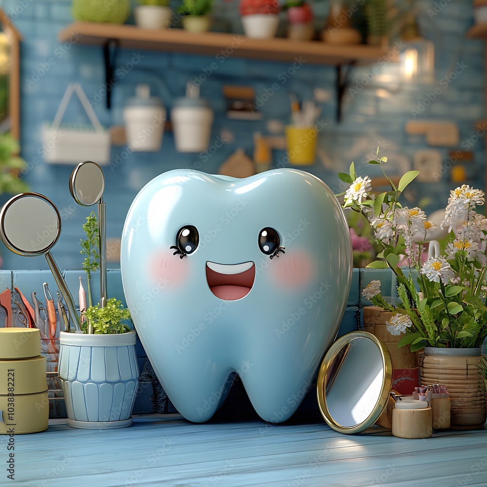 Poster whimsical 3d illustration of a happy tooth with a big smile surrounded by an array of dental tools l