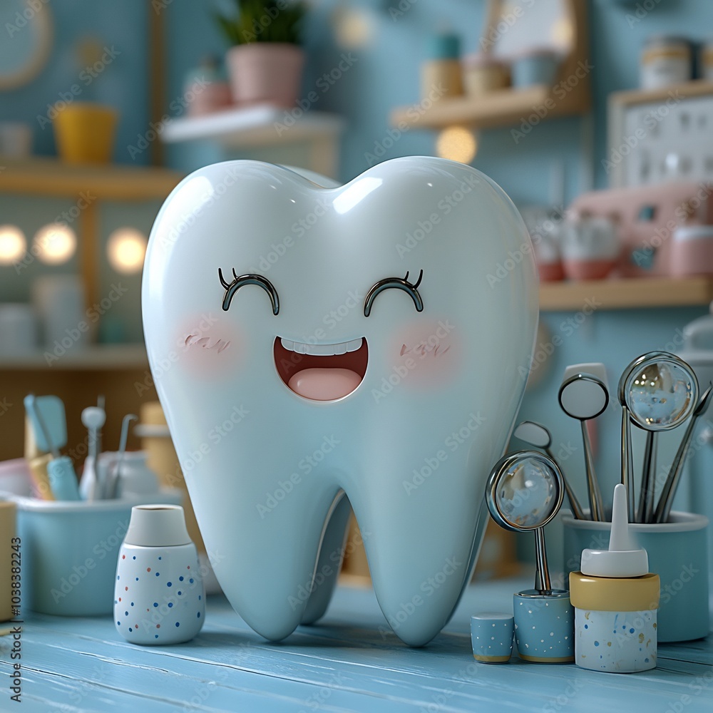Poster whimsical 3d illustration of a happy tooth with a big smile surrounded by an array of dental tools l