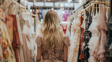 A woman browses beautifully arranged dresses in a boutique on a sunny afternoon, exploring elegant options for a special occasion