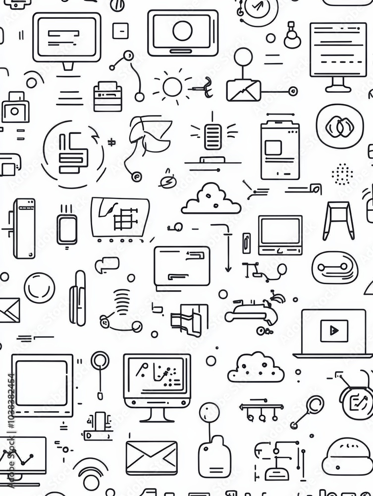 Leinwandbilder a collection of hand-drawn doodles showcases various technology items like computers, smartphones, a