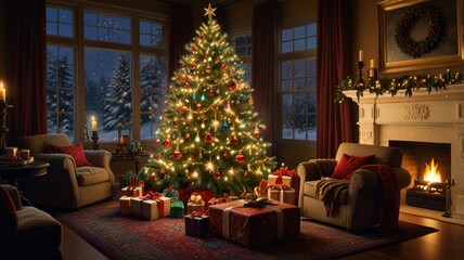 A cozy living room with a decorated Christmas tree, presents, a fireplace, and a snowy view outside the window.