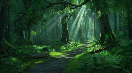 Fototapeta premium A narrow, winding path cuts through a dense, enchanted forest with tall trees covered in soft moss. Rays of sunlight break through the canopy