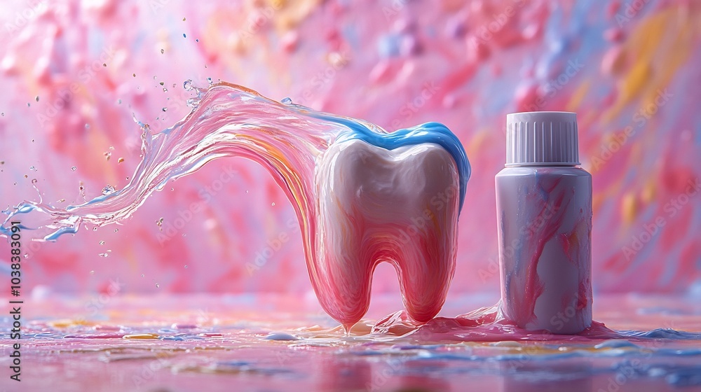Poster whimsical illustration featuring toothpaste tube with a stream of toothpaste shaped like a tooth sym