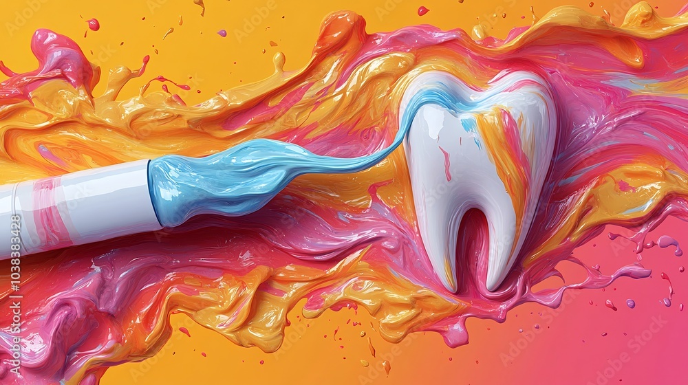 Poster whimsical illustration featuring toothpaste tube with a stream of toothpaste shaped like a tooth sym