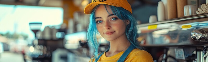 Woman with blue hair wearing a yellow shirt