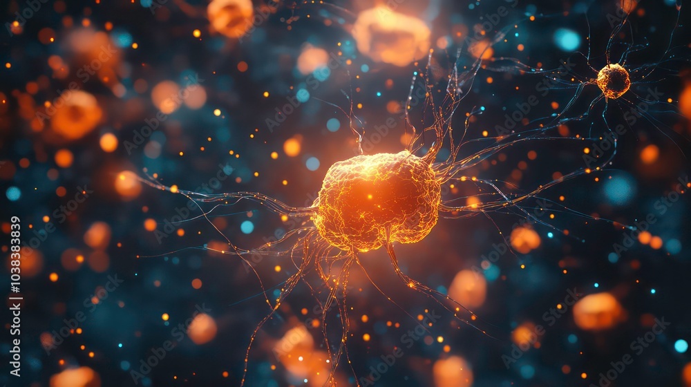 Poster microscopic view of neurons with glowing axons and dendrites, surrounded by smaller cells and partic