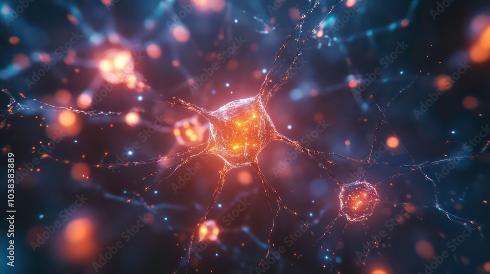 Aufkleber a close-up of a neuron with glowing dendrites and axons against a dark background.