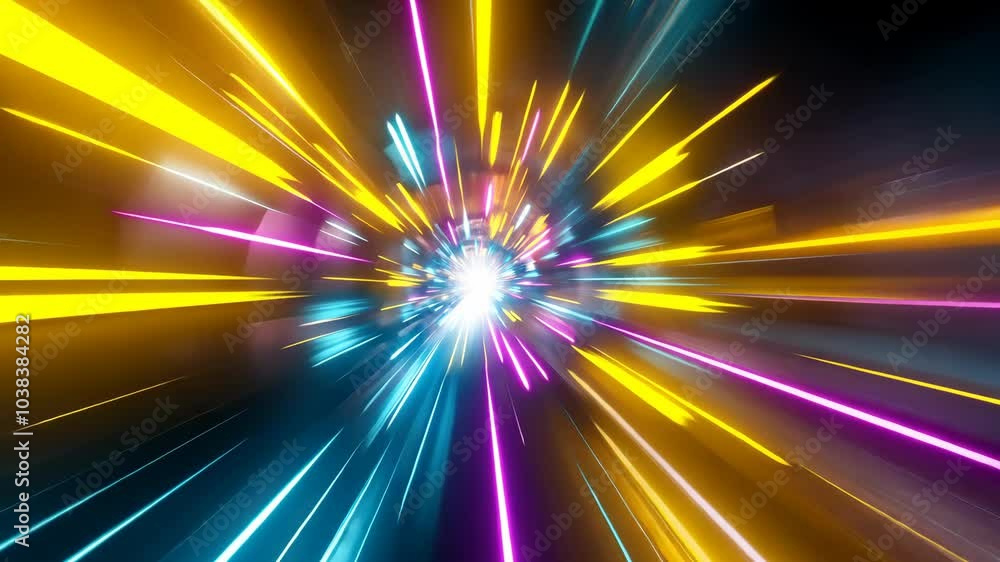 Wall mural a bright, white light shines through a tunnel of yellow and pink light streaks