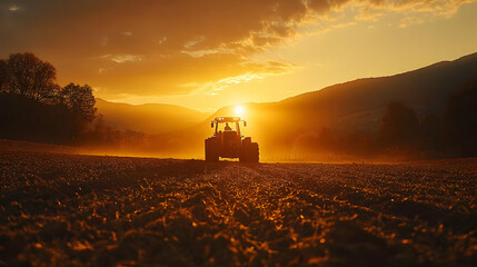Fototapeta premium Tractor Silhouetted Against a Sunset