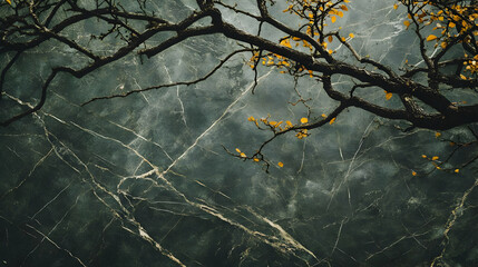 Autumn Branch Against Green Marble Background.