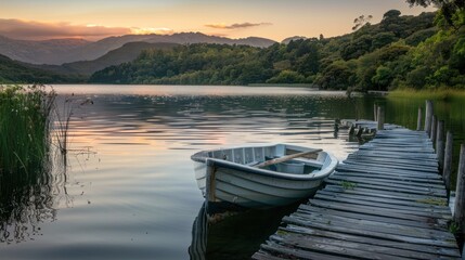 Tranquil Sunset Over Lake with Boat and Wooden Dock