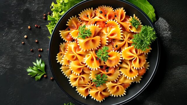 A bowl of farfalle pasta with tomato sauce and parsley, garnished with black peppercorns