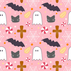 Cute Halloween day seamless pattern with ghosts, cross, candies, spider webs, black cats and bats on pink background