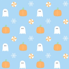 Cute Halloween day seamless pattern with ghosts, candies, spider webs and pumpkins on pastel blue background