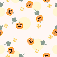 Cute smiling halloween pumpkin scattered on pale color background with moon, leaves and candies