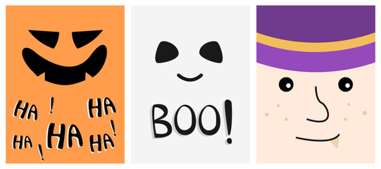 Set of rectangular face in hallowwen theme with orange monster face, ghost with 
