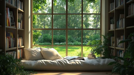 Obraz premium Cozy reading nook the corner of a room with soft cushions bookshelves and a view of the garden through a large window