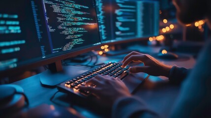 A programmer types on a keyboard in front of multiple monitors displaying code, working late into the night in a dark room.