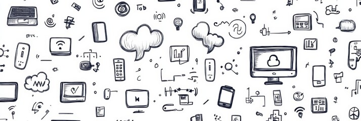 Fototapeta premium A collection of hand-drawn doodles features tech items like laptops, smartphones, and code symbols, highlighting digital innovation. Generative AI