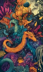 Fototapeta premium Abstract art with a dragon and floral designs.