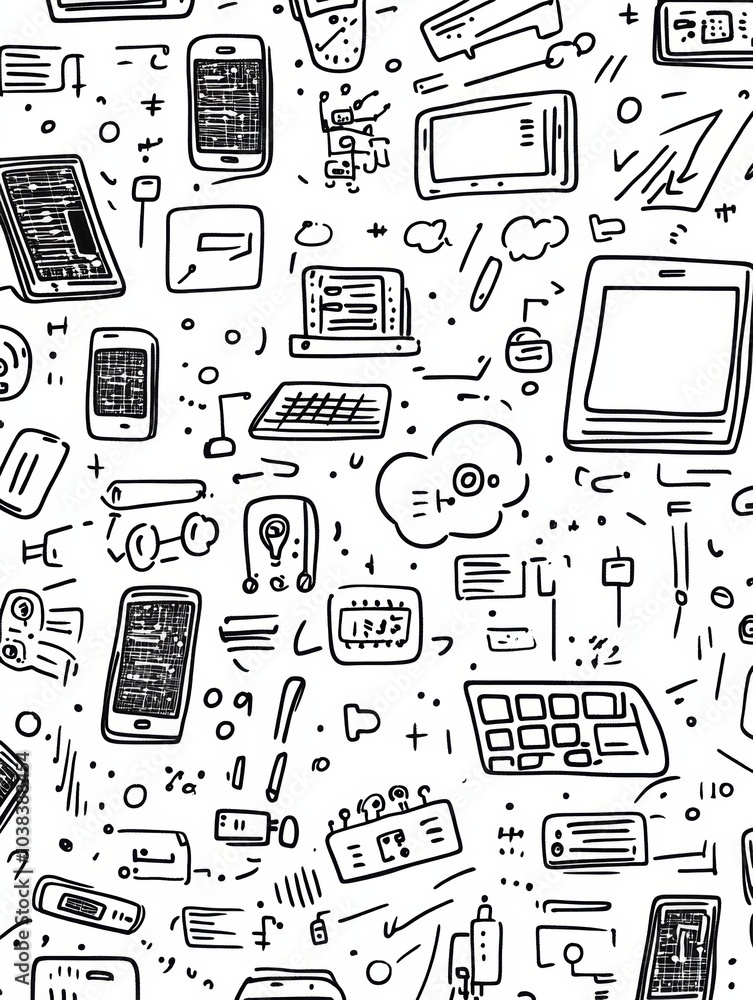 Aufkleber Hand-drawn sketches display various technology items, including computers, smartphones, and coding symbols in a vibrant layout. Generative AI