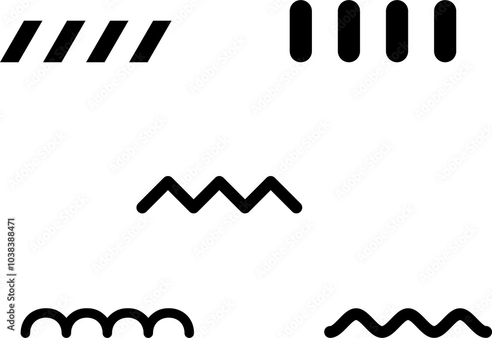 Poster set of different zigzag bold brush strokes. black thick and thin zig zag lines on white background. 