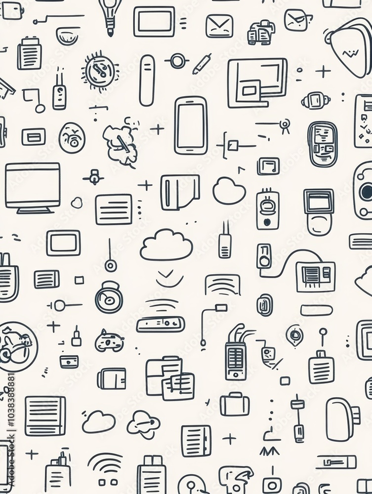 Fototapete a collection of hand-drawn doodles showcases various technology items like computers, smartphones, a