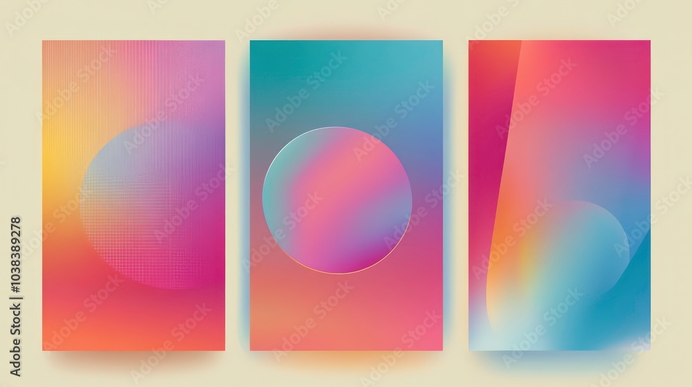 Poster three abstract colorful gradient backgrounds with a soft, circular shape.