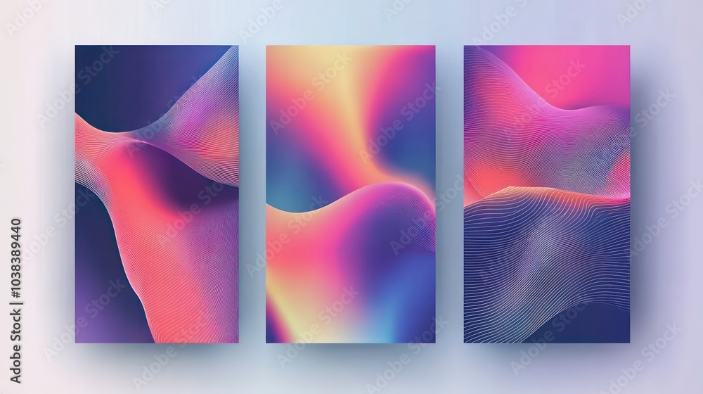 Aufkleber three abstract gradient backgrounds with flowing lines and vibrant colors.