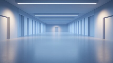 A large, empty hallway with a door in the middle