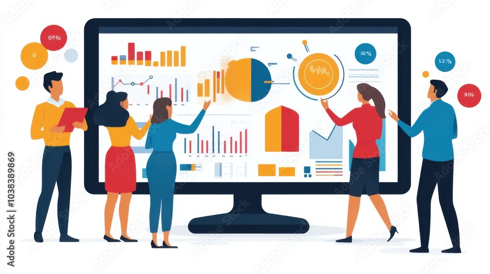 Poster collaborative office workers analyzing data visuals