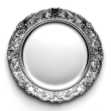 Elegant ornate silver plate with intricate baroque design on white background