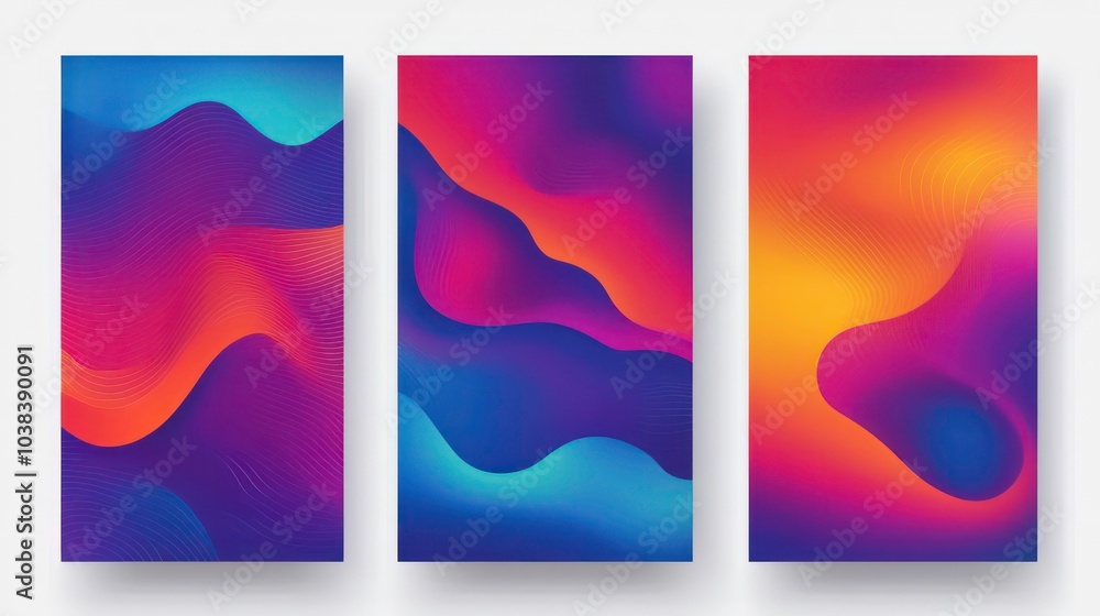 Poster a set of three abstract backgrounds with colorful gradients and wavy shapes.