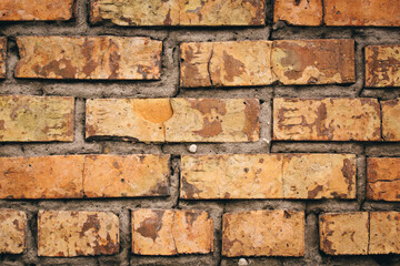 Old grungy brick wall. Free space for an inscription. Can be used as a background or poster. Fragment of a wall with bumps and shabby plaster.