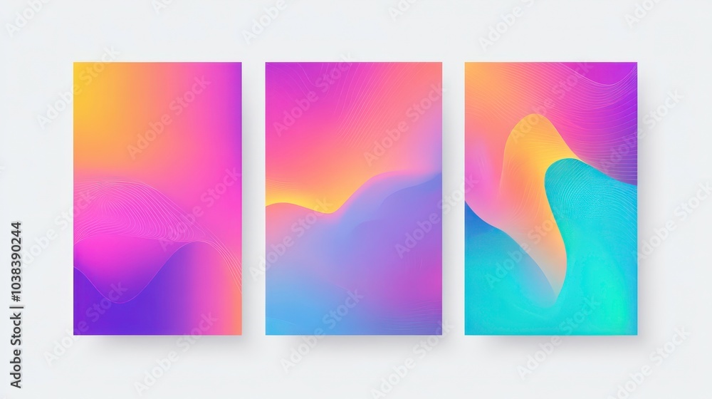 Poster set of three abstract gradients with soft wavy lines and colorful transitions.