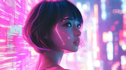 A retro-futuristic AI-generated portrait of a woman with a sleek bob haircut and geometric patterns, set in a 1980s-inspired cityscape.